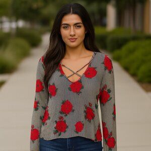 Ultra Flirt Red Floral V-Neck Long Sleeve Blouse Size L